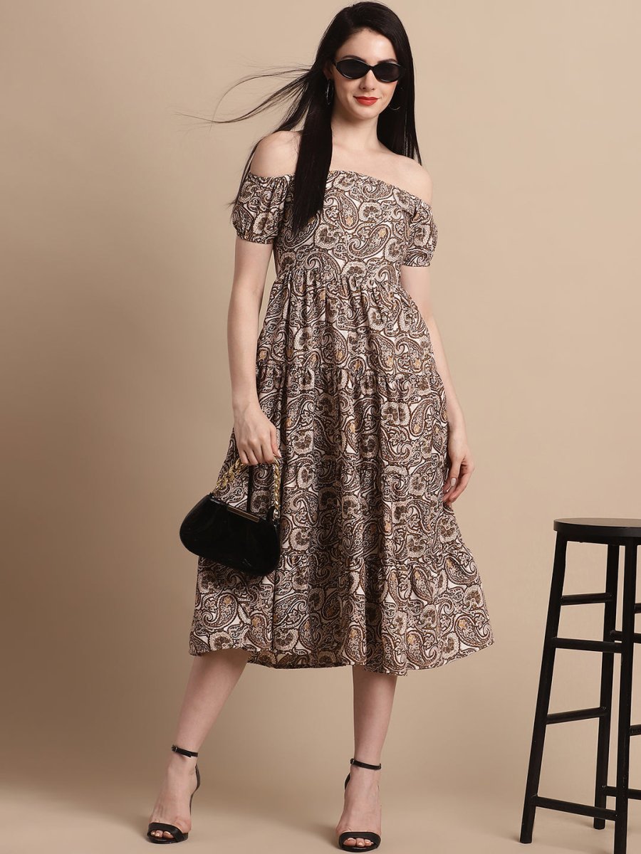 Women's Brown Printed off-Shoulder Dress - JND_1022Brown_XS