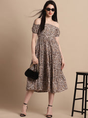 Women's Brown Printed off-Shoulder Dress - JND_1022Brown_XS