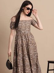 Women's Brown Printed off-Shoulder Dress - JND_1022Brown_XS