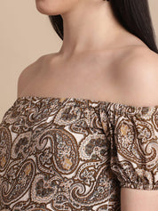 Women's Brown Printed off-Shoulder Dress - JND_1022Brown_XS