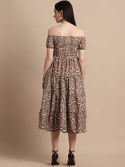 Women's Brown Printed off-Shoulder Dress - JND_1022Brown_XS