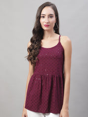 Women's Chikankari Sequen Work Empire Top - JNT_2013Purple_XS