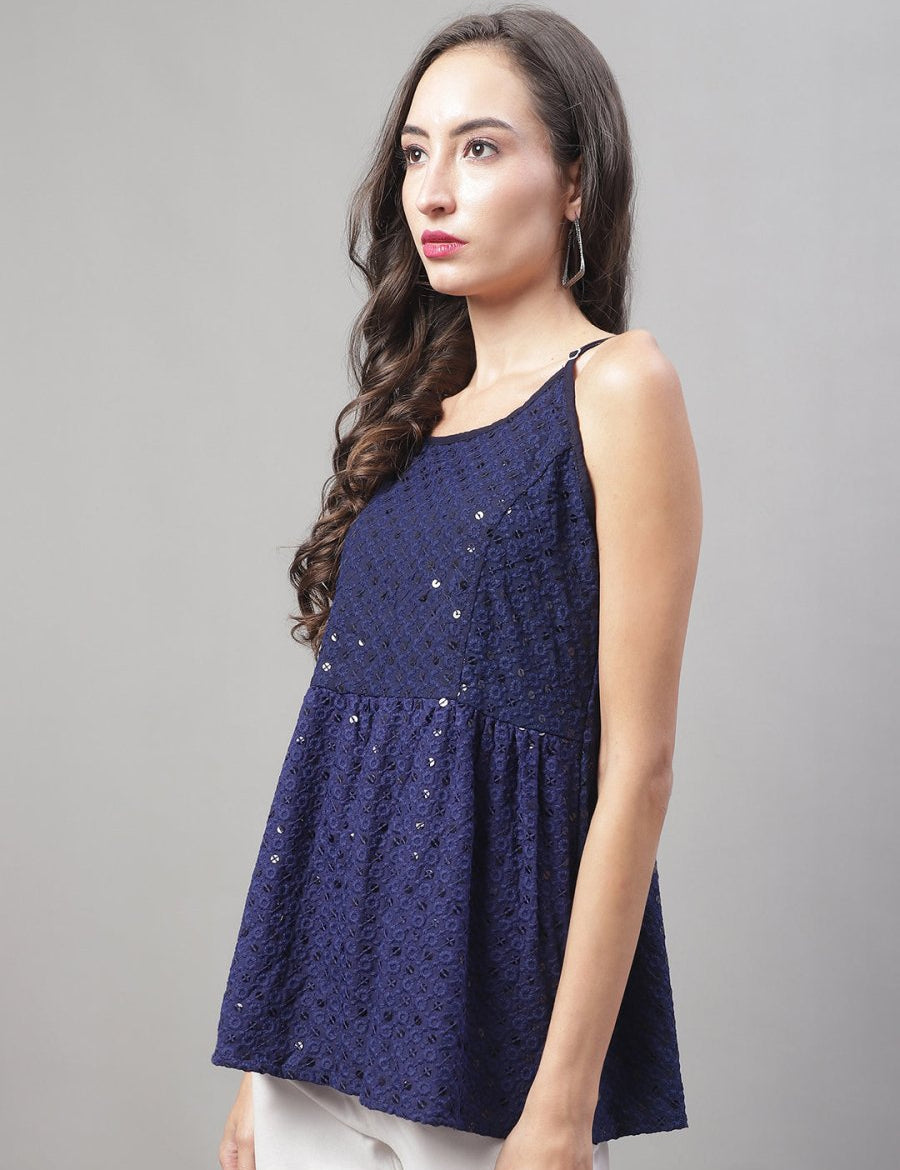 Women's Chikankari Sequen Work Empire Top - JNT_2013Navy_XS