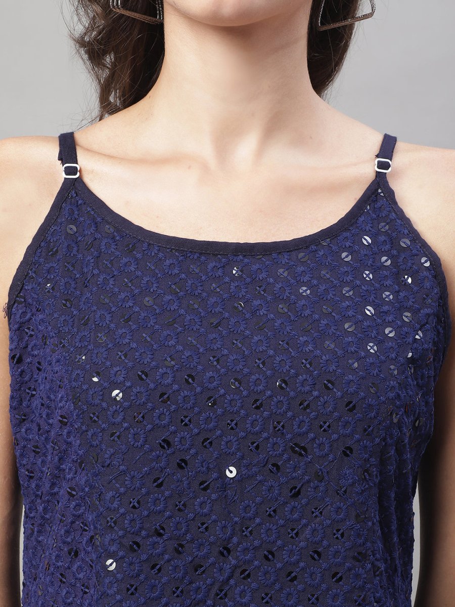 Women's Chikankari Sequen Work Empire Top - JNT_2013Navy_XS