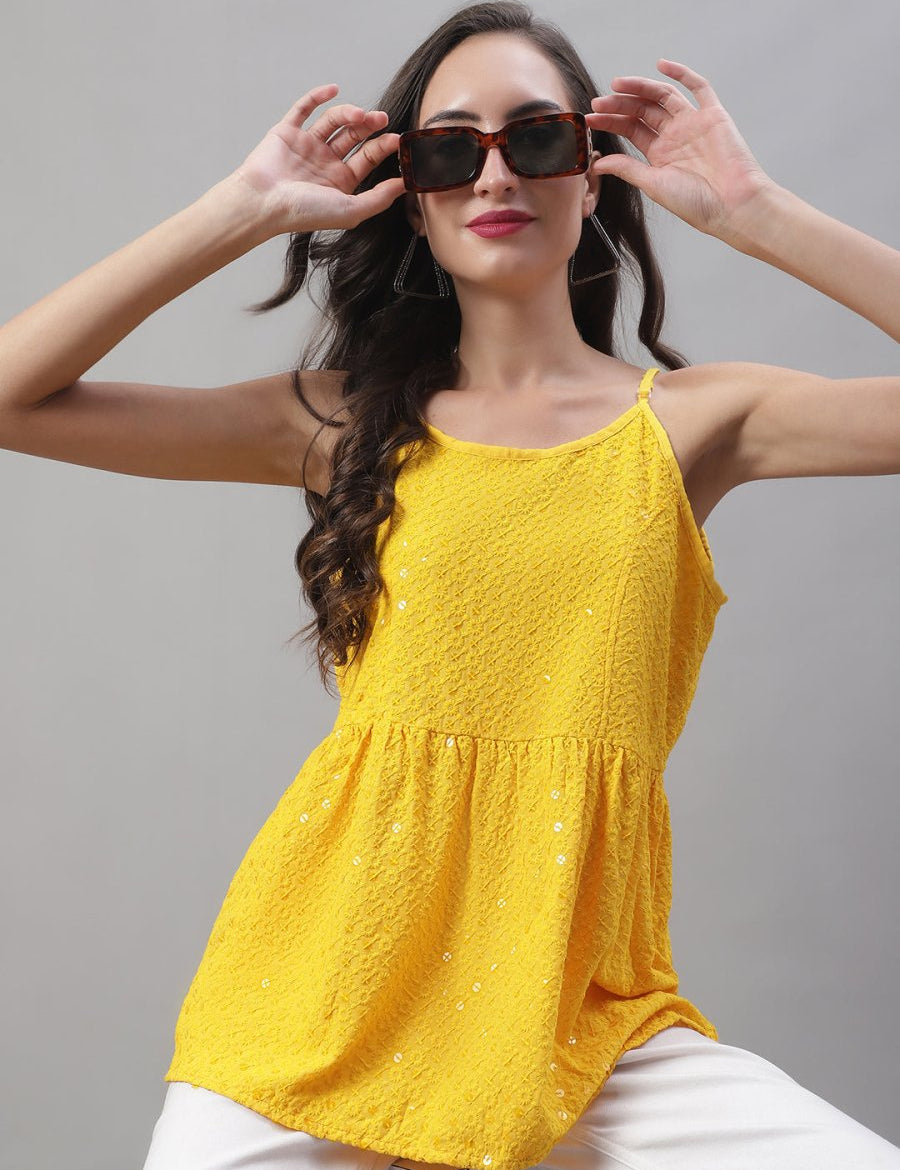 Women's Chikankari Sequen Work Empire Top - JNT_2013Yellow_XS