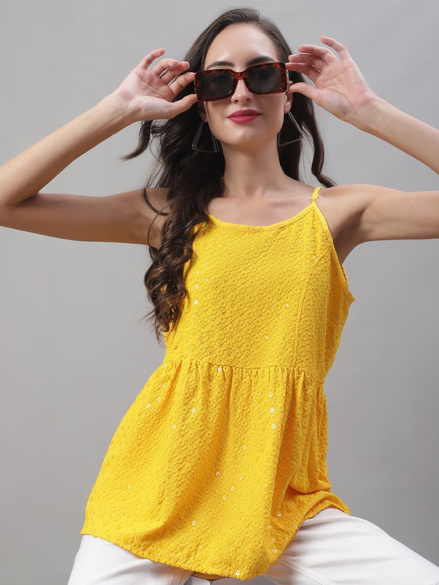 Women's Chikankari Sequen Work Empire Top - JNT_2013Yellow_XS