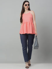 Women's Chikankari Sequen Work Empire Top - JNT_2013Peach_XS