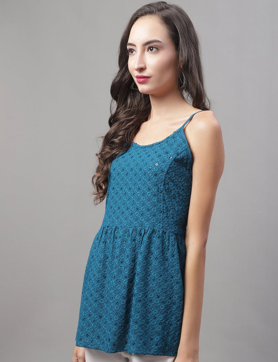 Women's Chikankari Sequen Work Empire Top - JNT_2013Peacock_XS