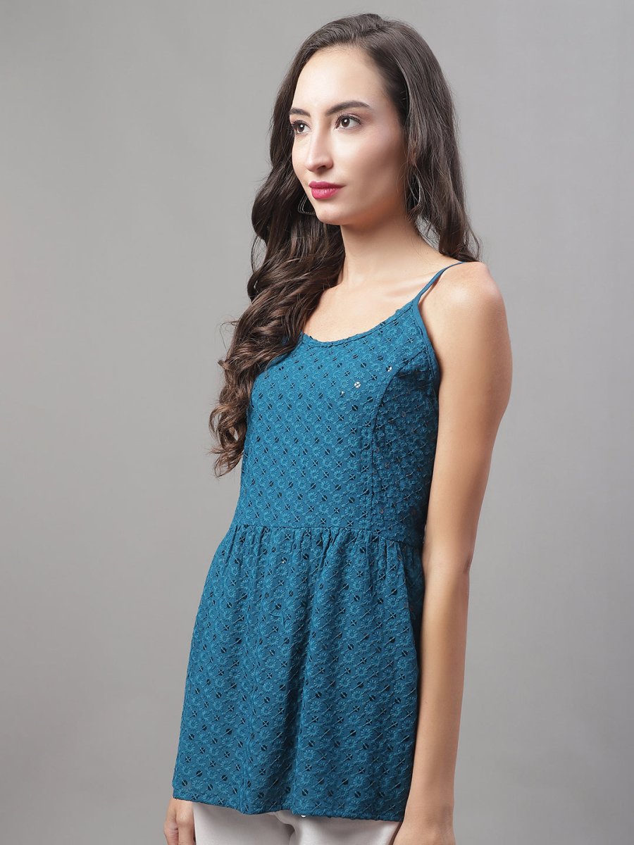Women's Chikankari Sequen Work Empire Top - JNT_2013Peacock_XS