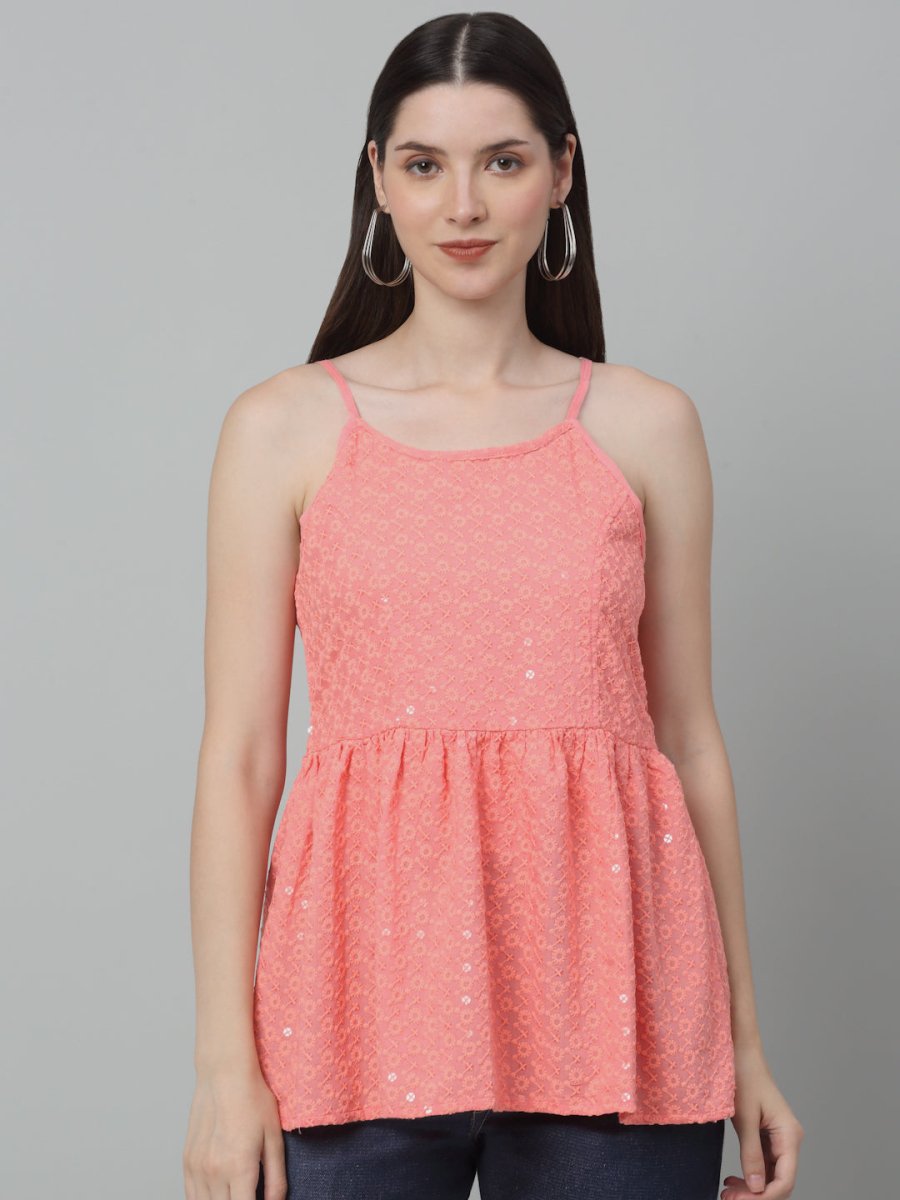 Women's Chikankari Sequen Work Empire Top - JNT_2013Peach_XS