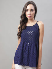 Women's Chikankari Sequen Work Empire Top - JNT_2013Navy_XS