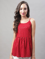 Women's Chikankari Sequen Work Empire Top - JNT_2013Maroon_XS
