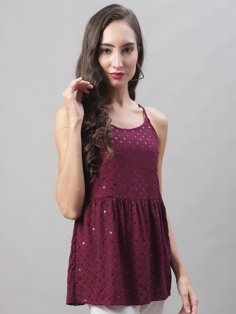 Women's Chikankari Sequen Work Empire Top - JNT_2013Purple_XS