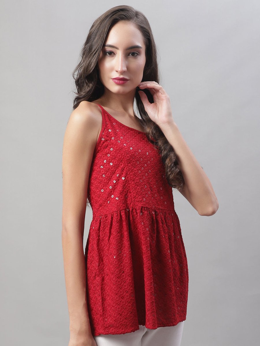 Women's Chikankari Sequen Work Empire Top - JNT_2013Maroon_XS
