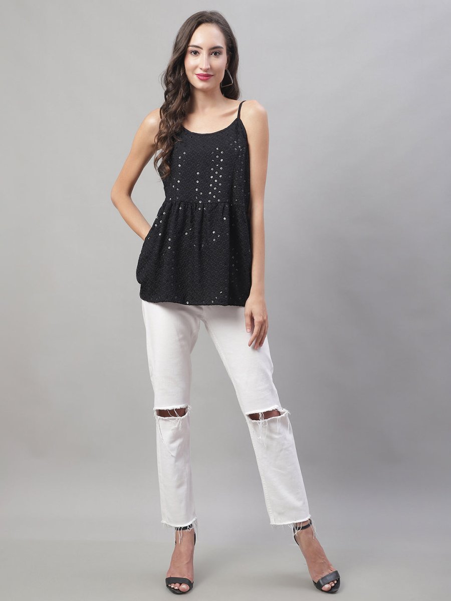 Women's Chikankari Sequen Work Empire Top - JNT_2013Black_XS