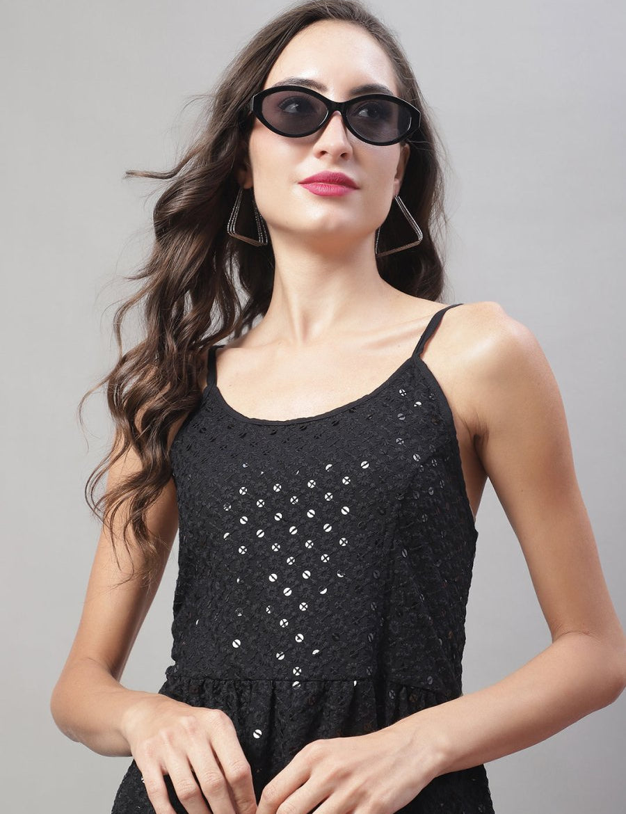 Women's Chikankari Sequen Work Empire Top - JNT_2013Black_XS