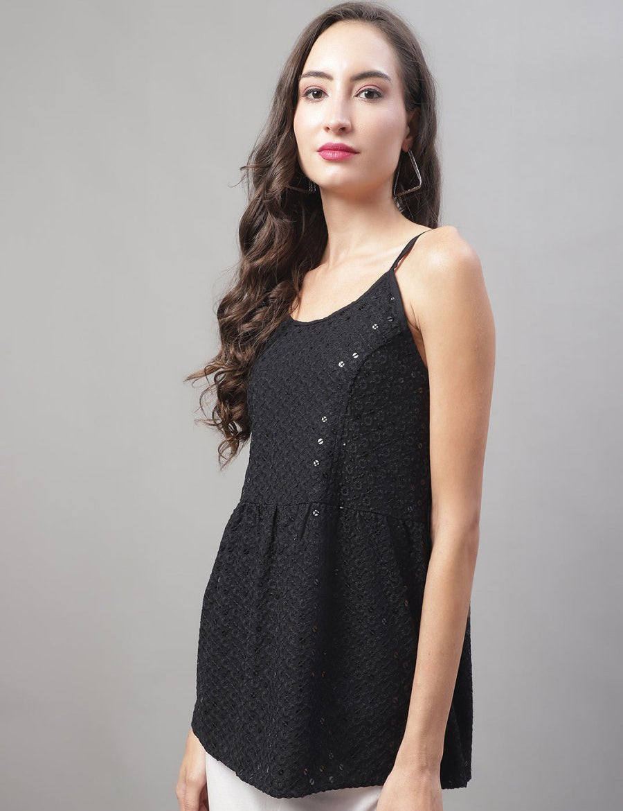 Women's Chikankari Sequen Work Empire Top - JNT_2013Black_XS