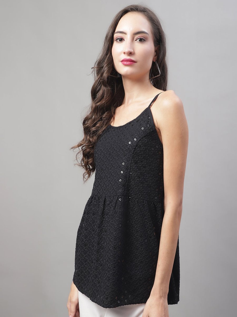 Women's Chikankari Sequen Work Empire Top - JNT_2013Black_XS
