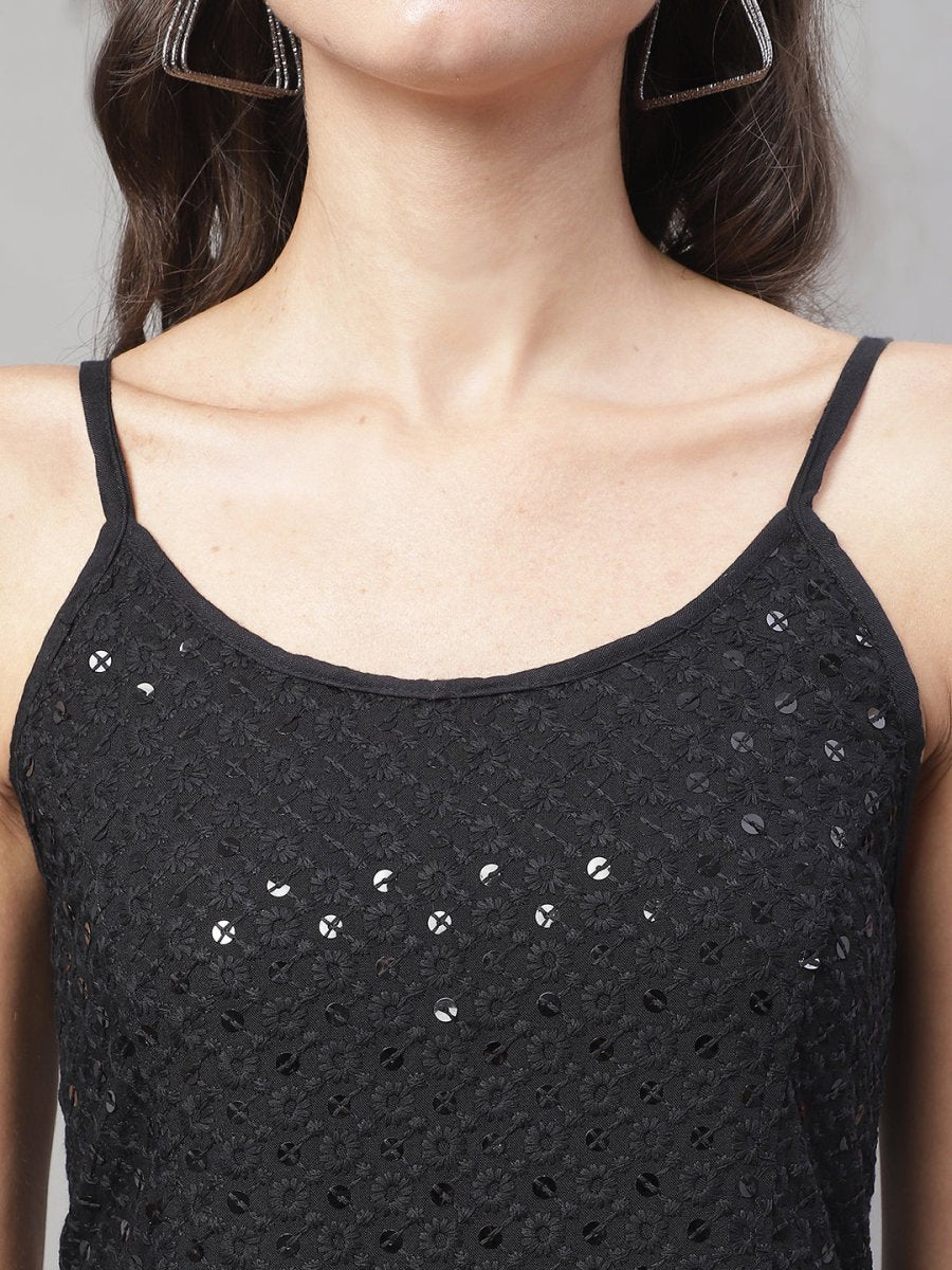 Women's Chikankari Sequen Work Empire Top - JNT_2013Black_XS
