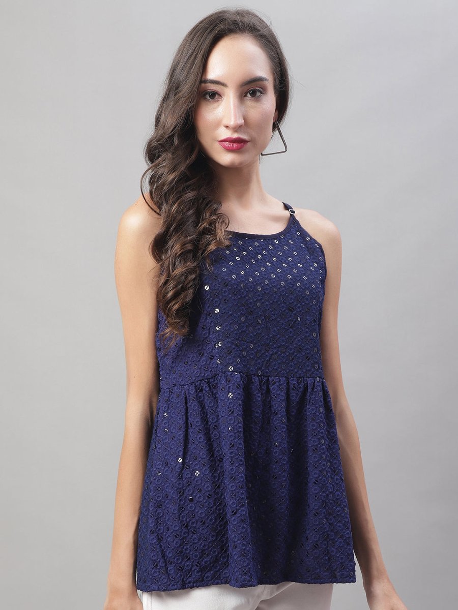 Women's Chikankari Sequen Work Empire Top - JNT_2013Navy_XS