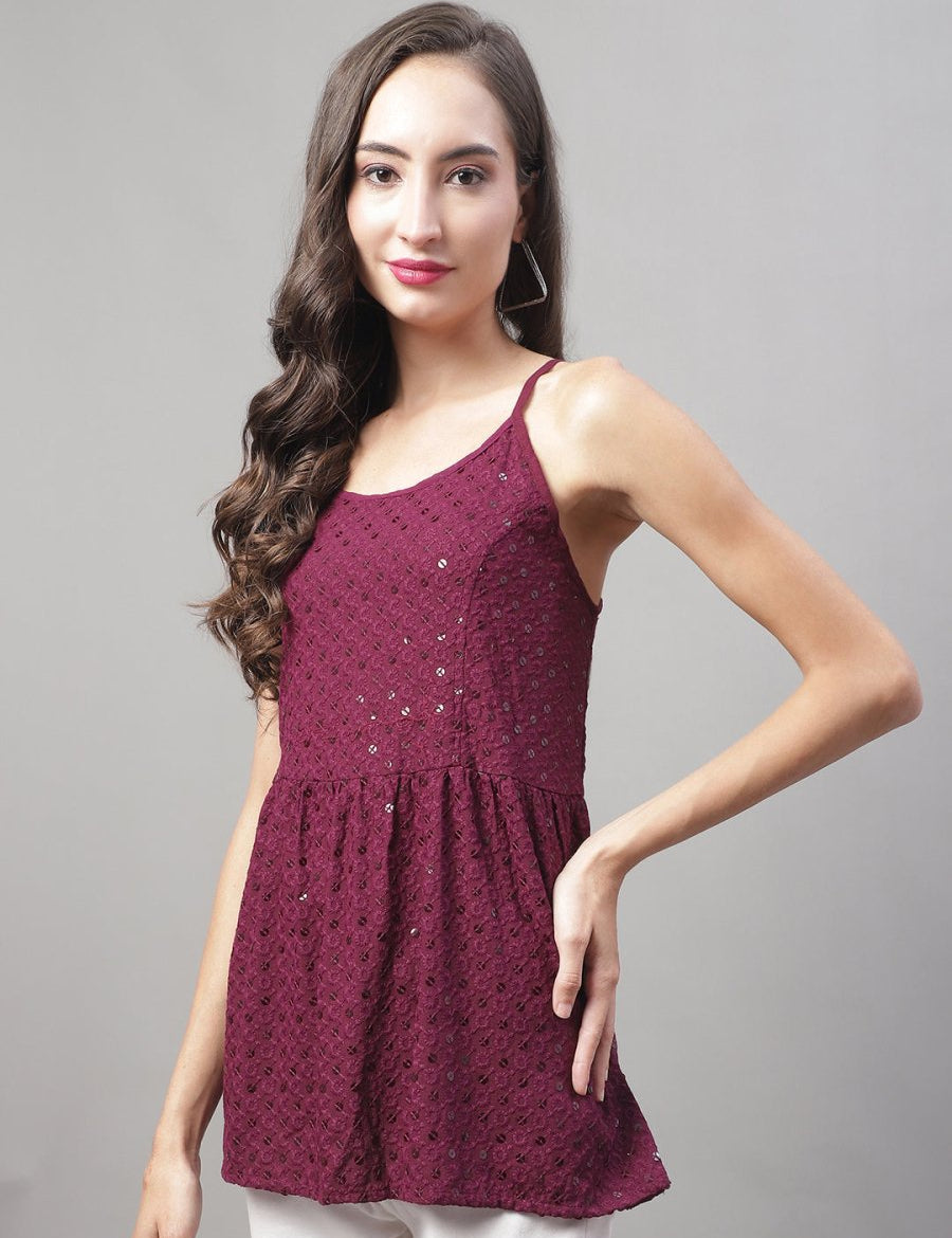 Women's Chikankari Sequen Work Empire Top - JNT_2013Purple_XS