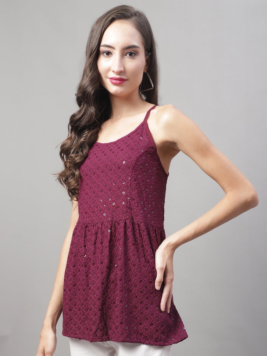 Women's Chikankari Sequen Work Empire Top - JNT_2013Purple_XS