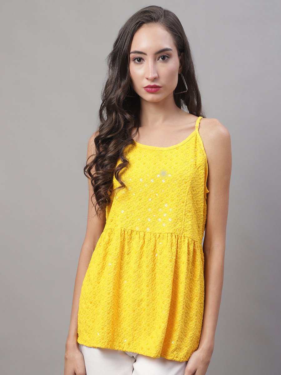 Women's Chikankari Sequen Work Empire Top - JNT_2013Yellow_XS