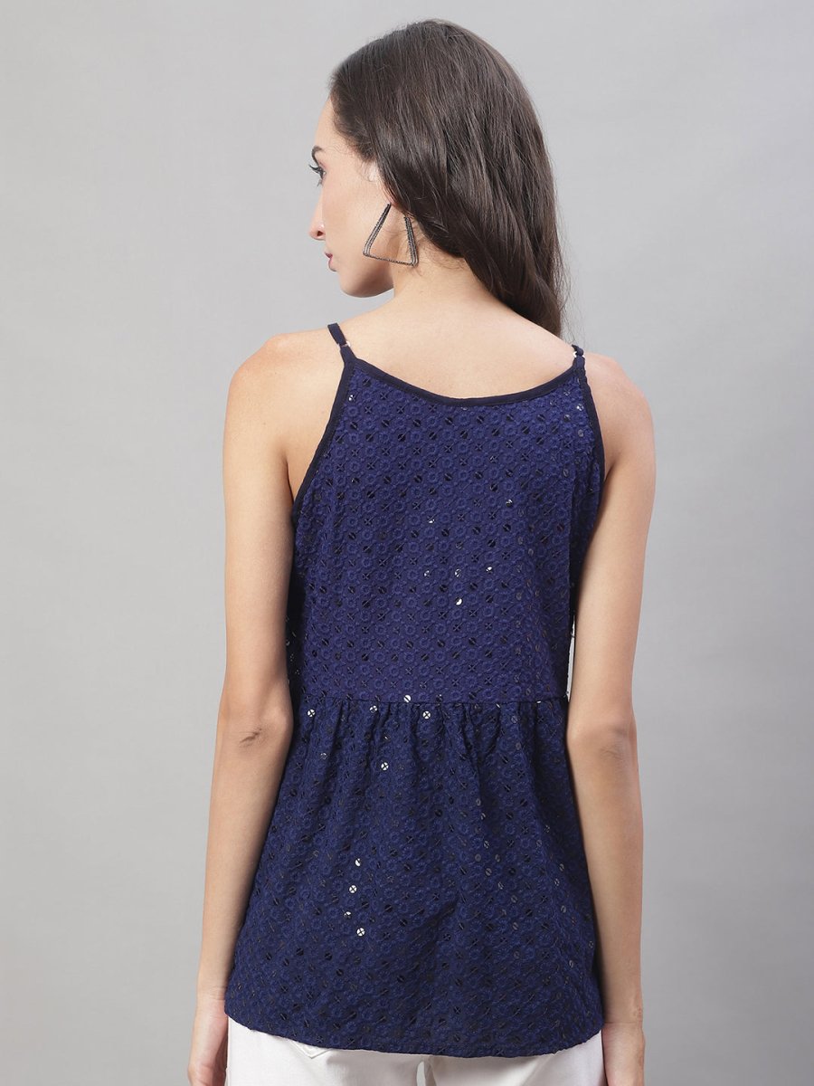Women's Chikankari Sequen Work Empire Top - JNT_2013Navy_XS