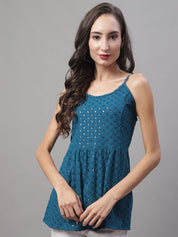 Women's Chikankari Sequen Work Empire Top - JNT_2013Peacock_XS