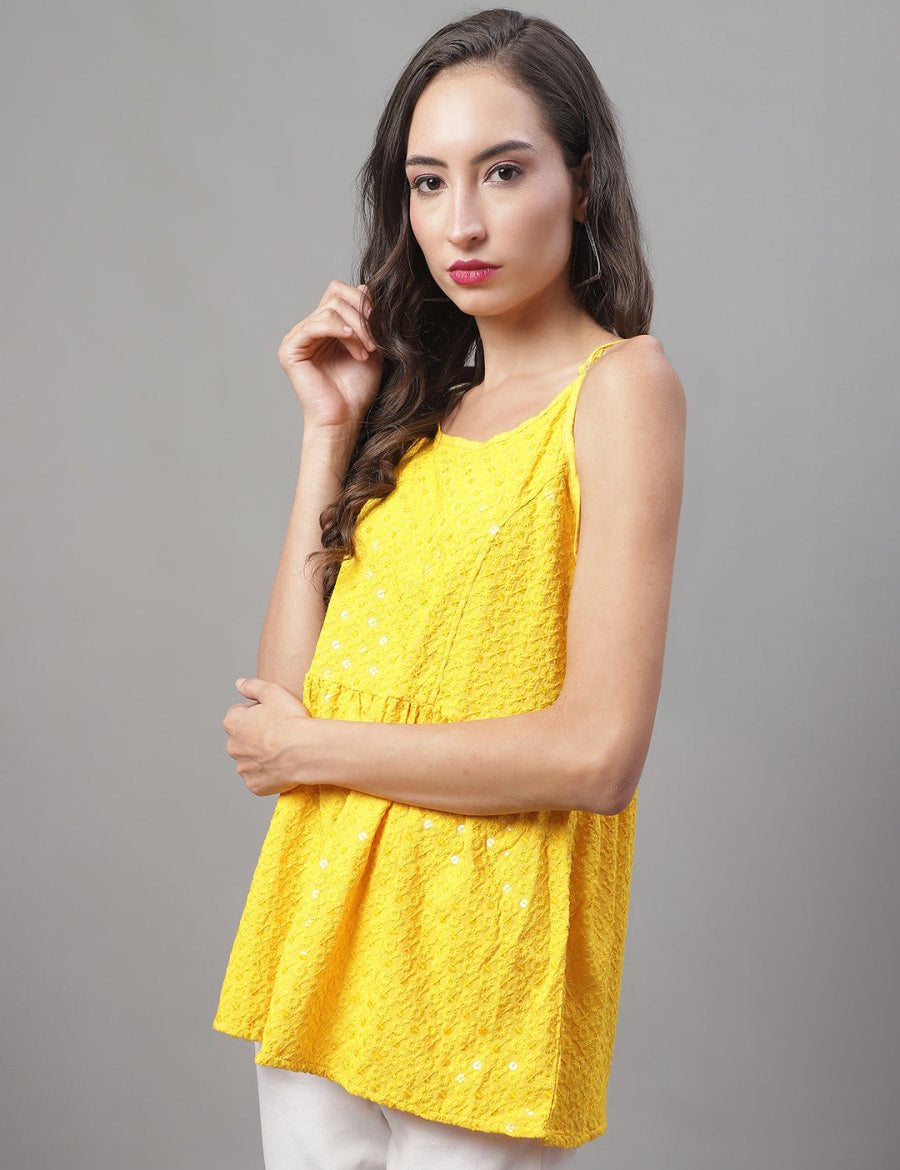 Women's Chikankari Sequen Work Empire Top - JNT_2013Yellow_XS
