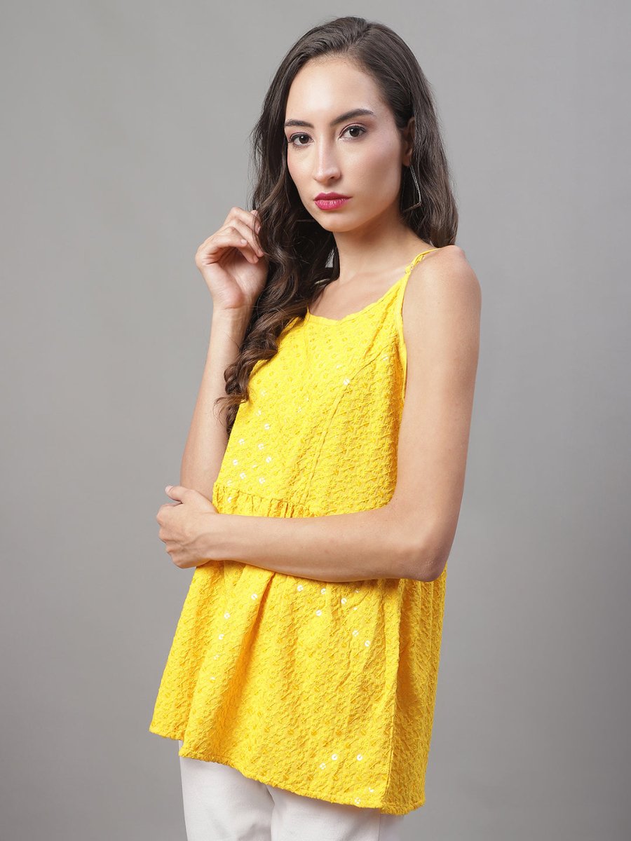 Women's Chikankari Sequen Work Empire Top - JNT_2013Yellow_XS