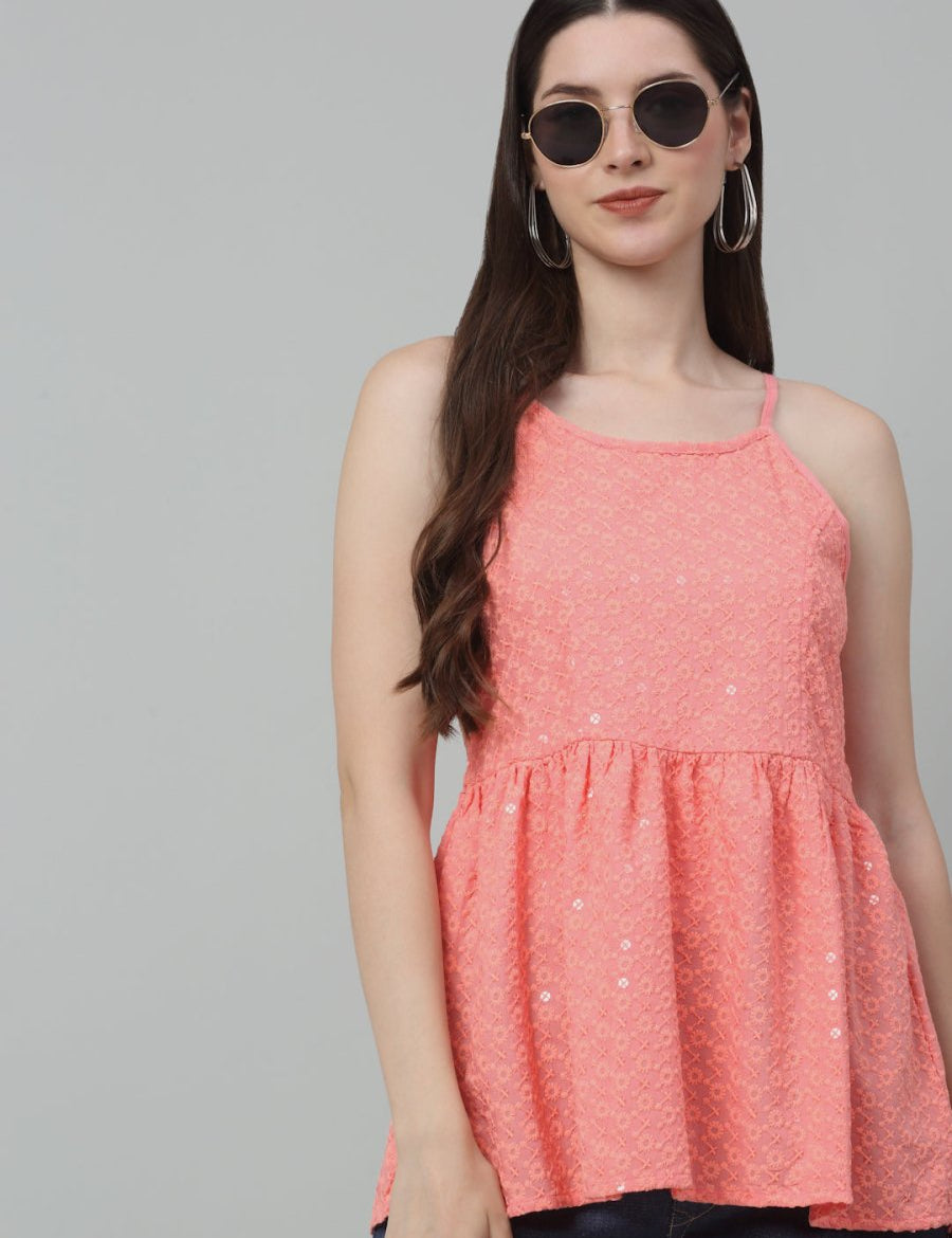 Women's Chikankari Sequen Work Empire Top - JNT_2013Peach_XS