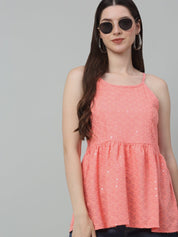 Women's Chikankari Sequen Work Empire Top - JNT_2013Peach_XS