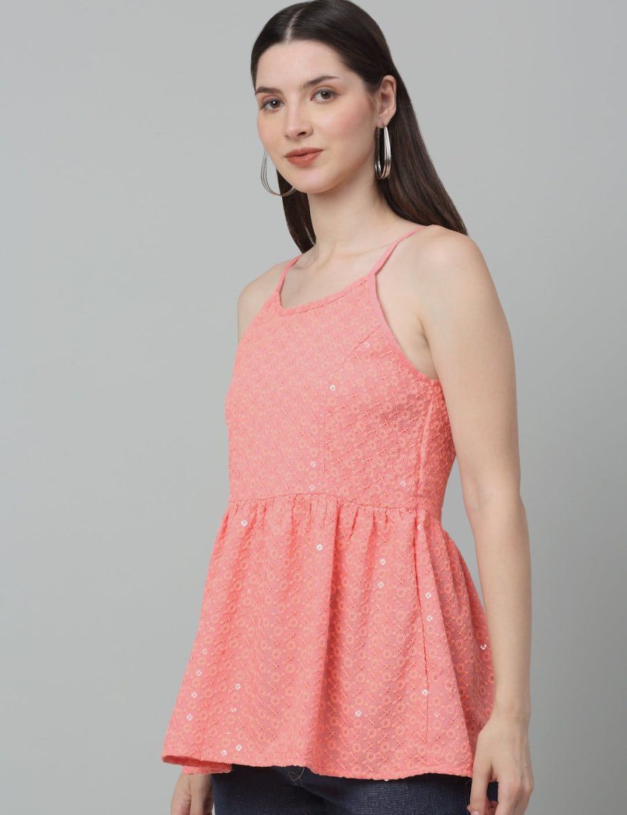 Women's Chikankari Sequen Work Empire Top - JNT_2013Peach_XS