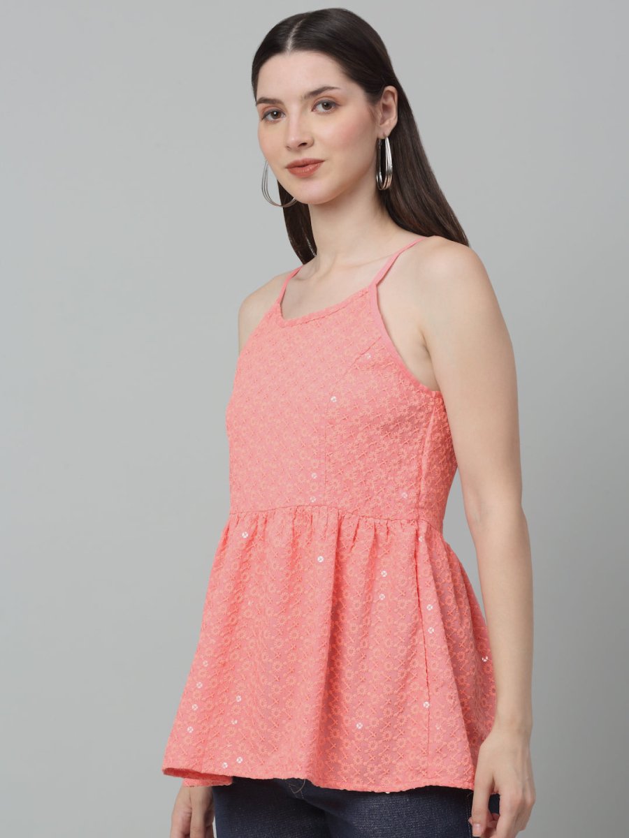 Women's Chikankari Sequen Work Empire Top - JNT_2013Peach_XS