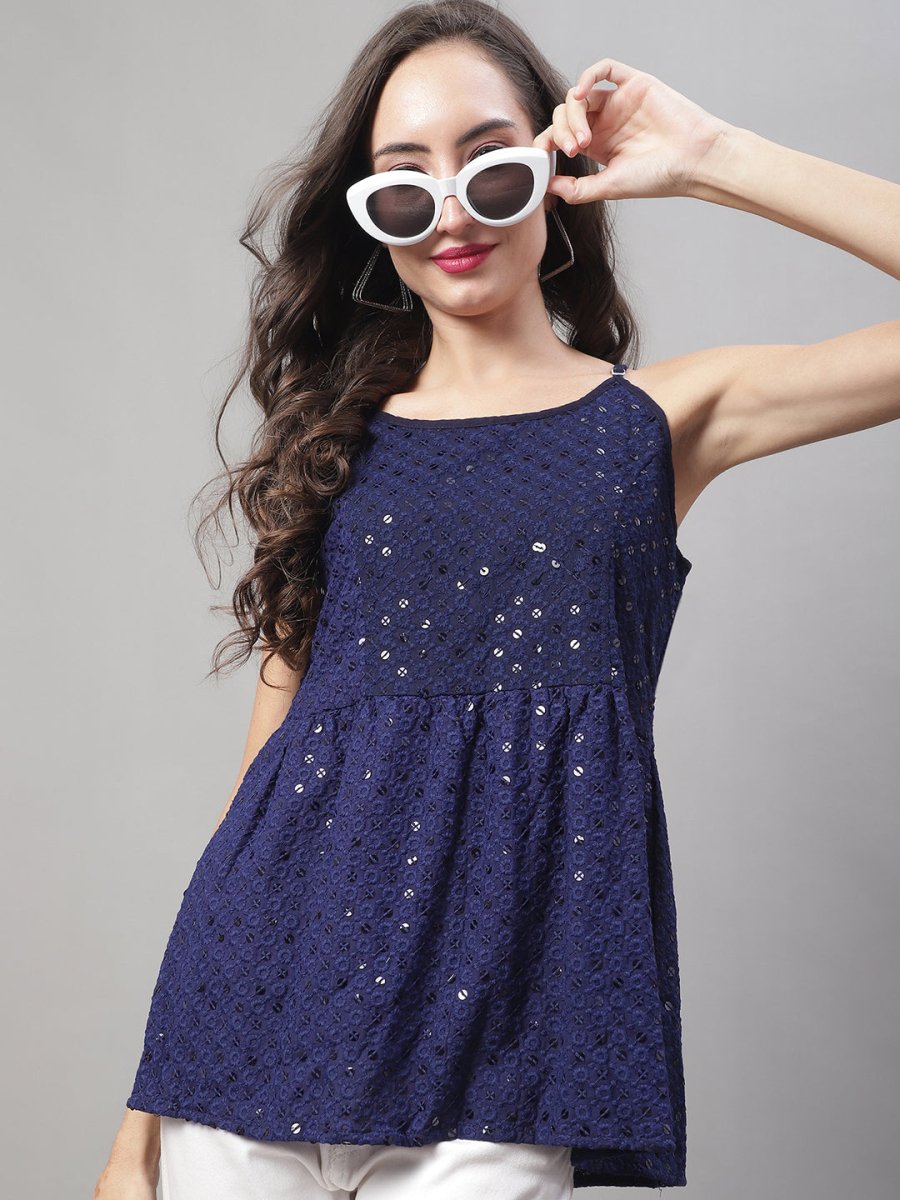 Women's Chikankari Sequen Work Empire Top - JNT_2013Navy_XS