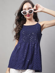 Women's Chikankari Sequen Work Empire Top - JNT_2013Navy_XS