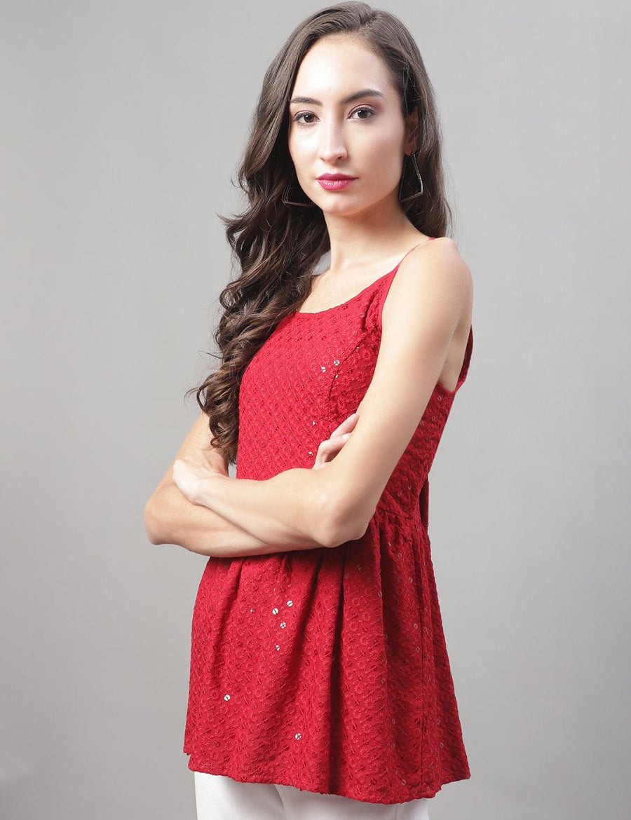 Women's Chikankari Sequen Work Empire Top - JNT_2013Maroon_XS