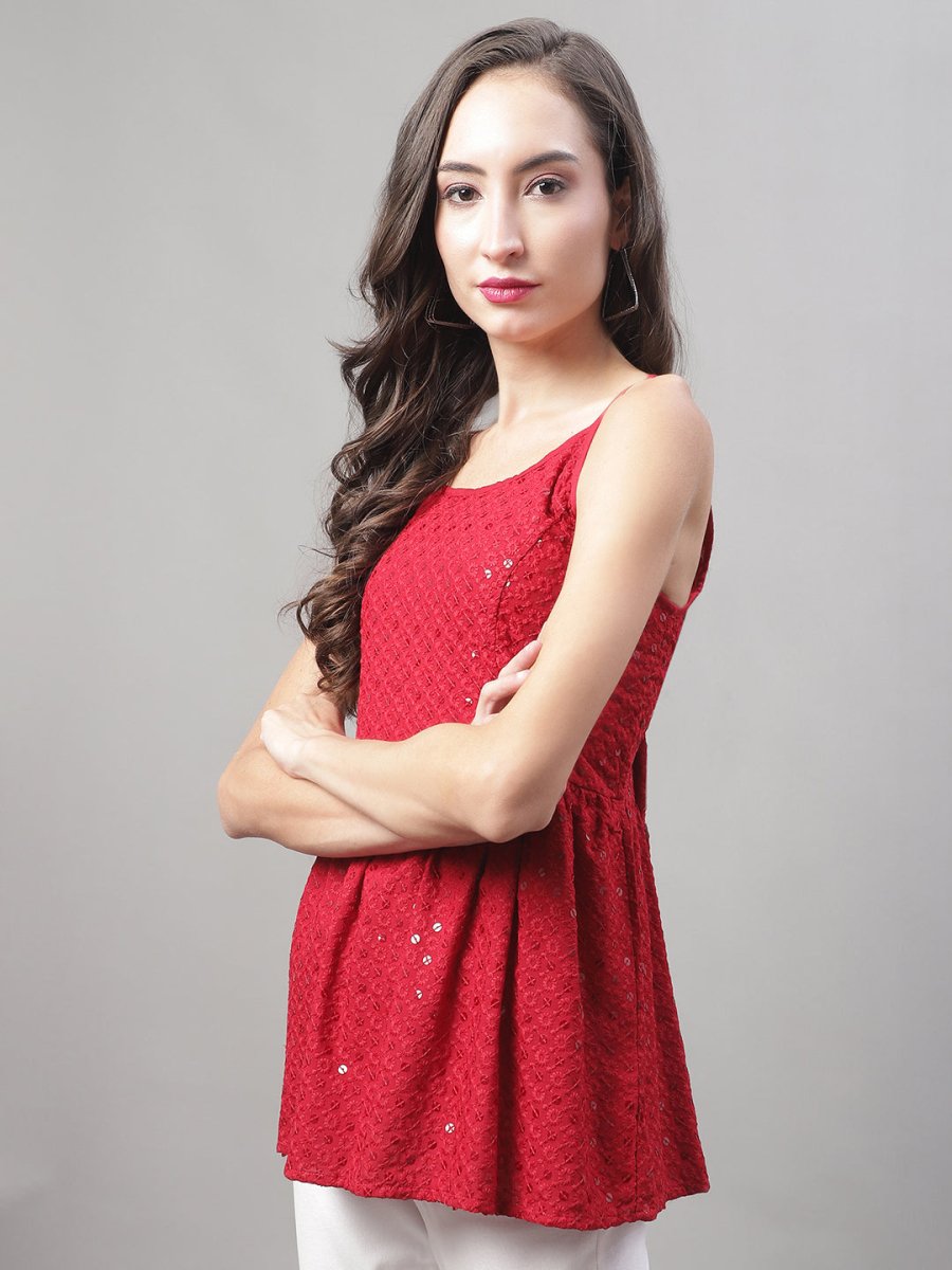 Women's Chikankari Sequen Work Empire Top - JNT_2013Maroon_XS