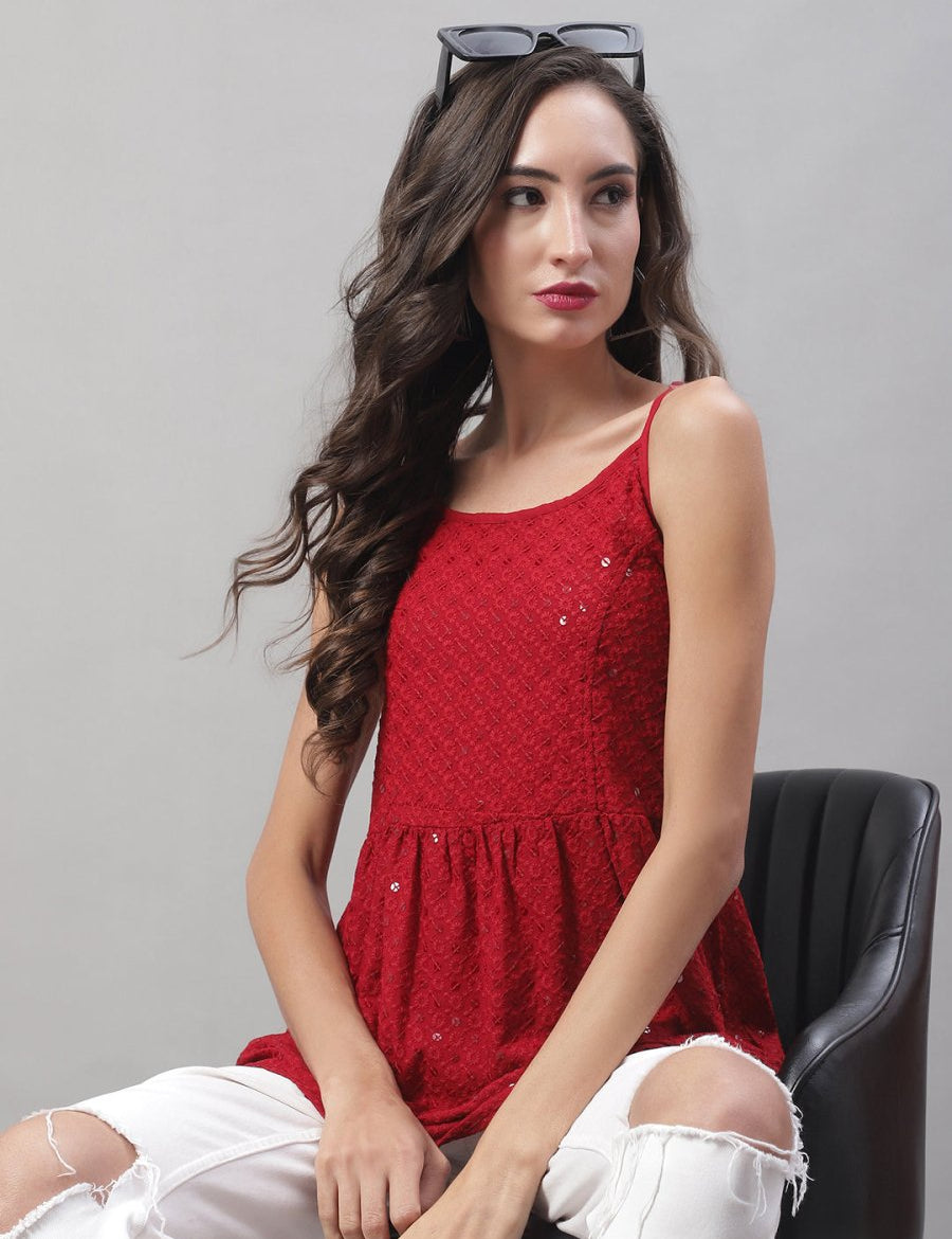 Women's Chikankari Sequen Work Empire Top - JNT_2013Maroon_XS