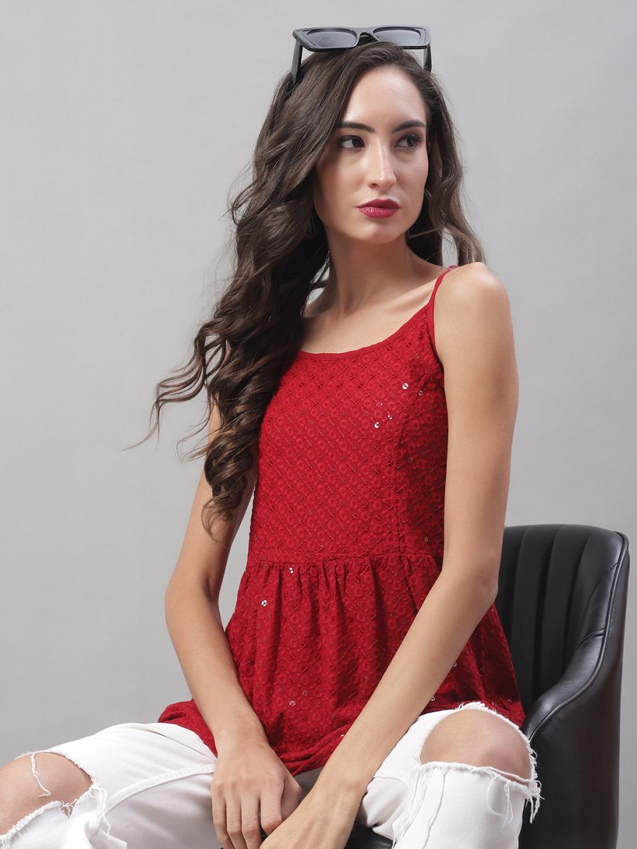 Women's Chikankari Sequen Work Empire Top - JNT_2013Maroon_XS