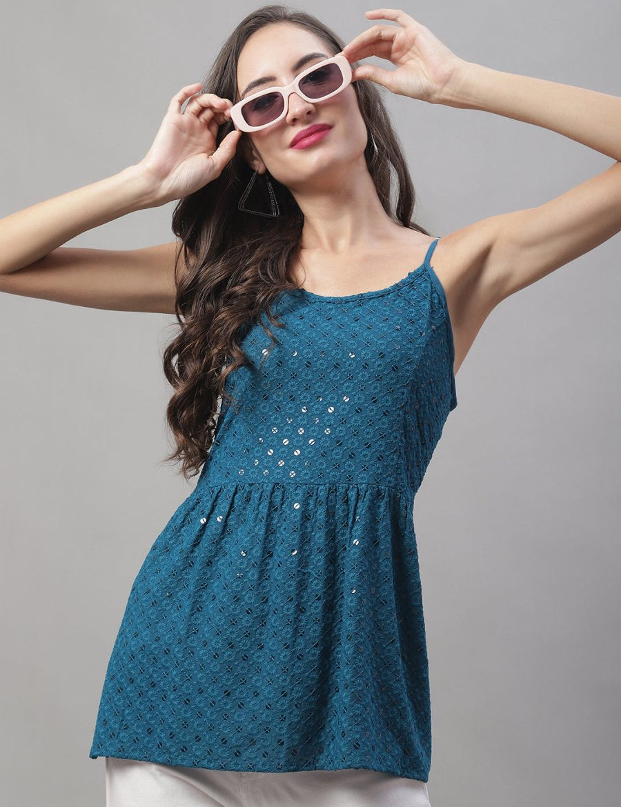 Women's Chikankari Sequen Work Empire Top - JNT_2013Peacock_XS