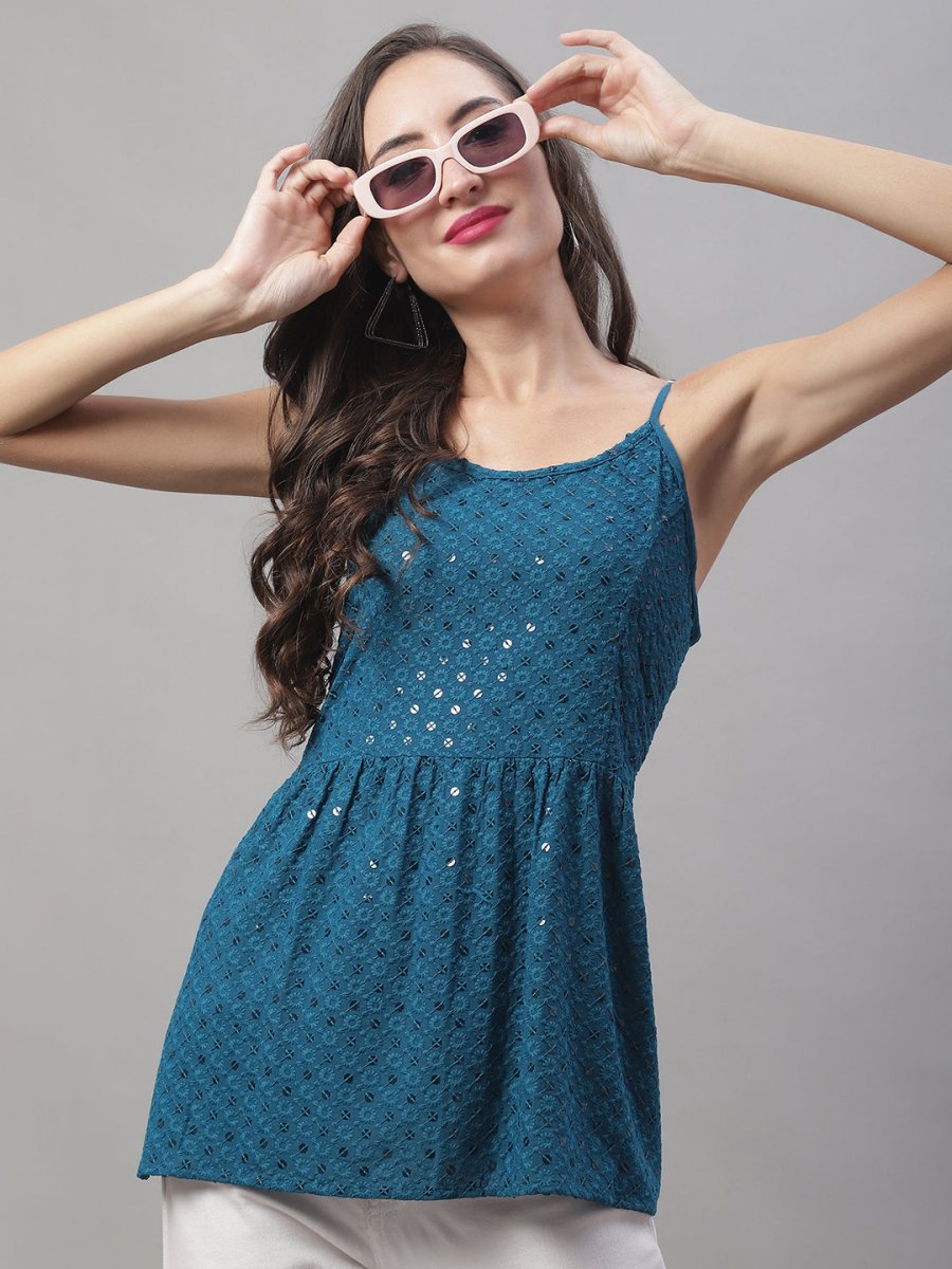 Women's Chikankari Sequen Work Empire Top - JNT_2013Peacock_XS