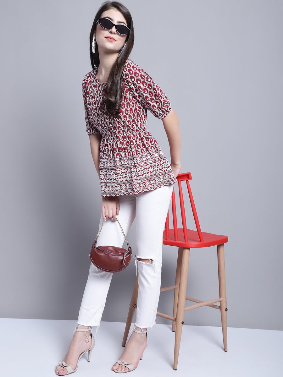 Women's Chikankari & Sequins Work Empire Top - JNT_2016Maroon_XS