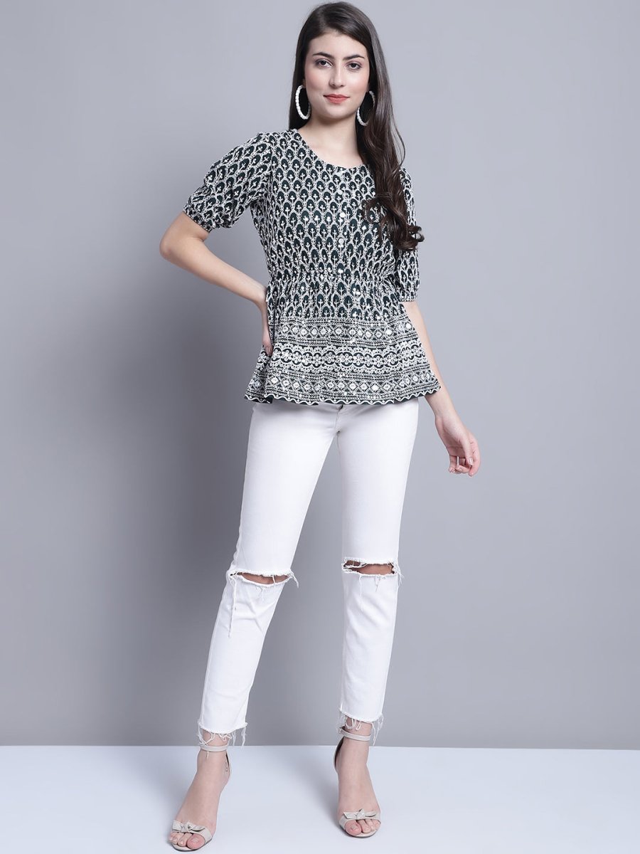 Women's Chikankari & Sequins Work Empire Top - JNT_2016Olive_XS