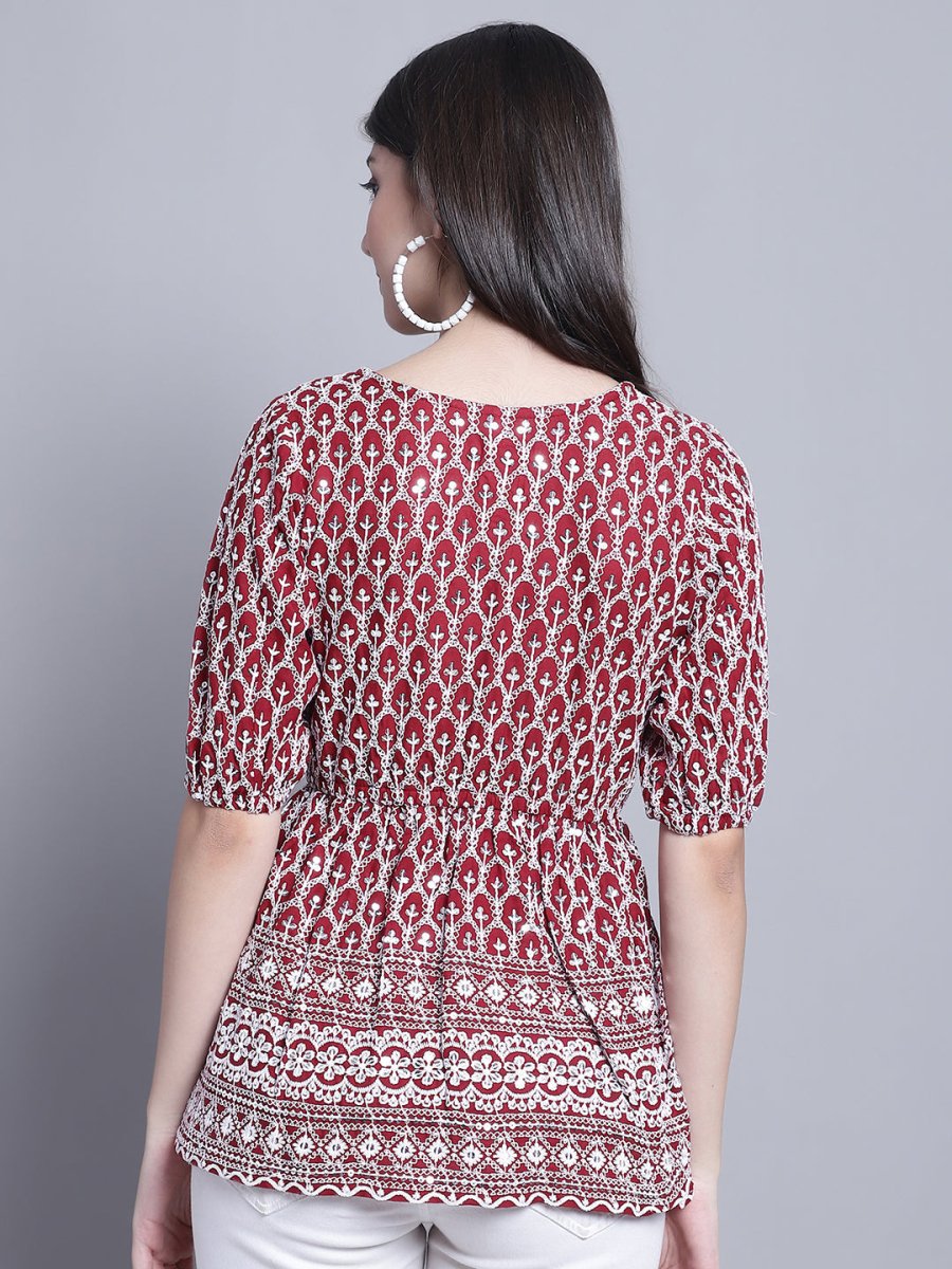 Women's Chikankari & Sequins Work Empire Top - JNT_2016Maroon_XS