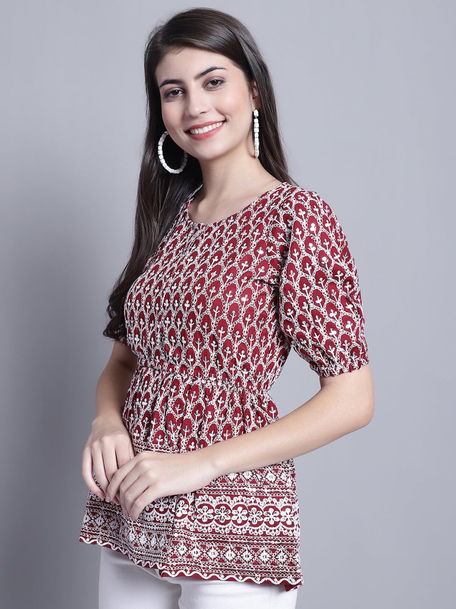 Women's Chikankari & Sequins Work Empire Top - JNT_2016Maroon_XS