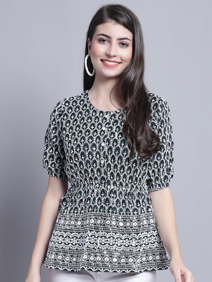 Women's Chikankari & Sequins Work Empire Top - JNT_2016Olive_XS