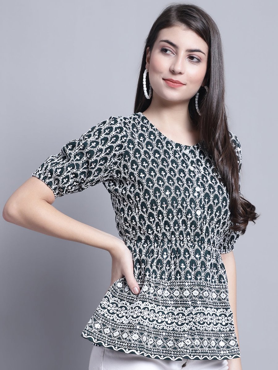 Women's Chikankari & Sequins Work Empire Top - JNT_2016Olive_XS