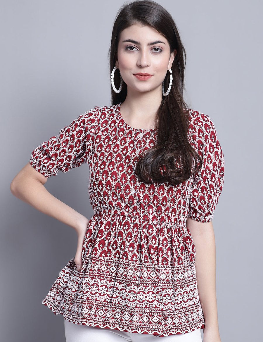 Women's Chikankari & Sequins Work Empire Top - JNT_2016Maroon_XS